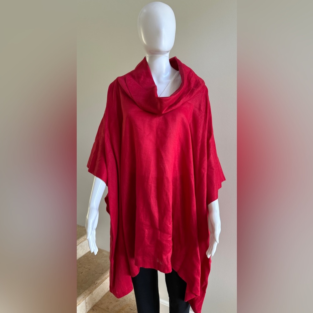 ALISTAIR TRUNG Women's Cowl Neck 100% Linen Blouse Top Tunic, Red